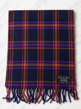 Dior Plaid Wool Scarf in Navy with Pink & Orange Stripes